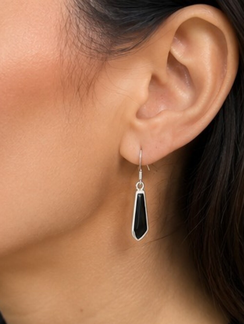 Vintage 925 Sterling Silver Genuine Black Onyx Dangle Earrings Minimalist - Picture 3 of 9